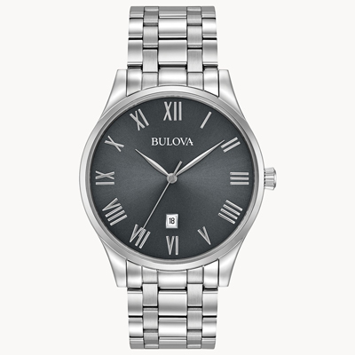 BULOVA<sup>&reg;</sup> Silvertone Grey Dial Watch - Corporate Collection men's silver-tone watch with grey dial. This watch features a stainless steel case and bracelet with a grey sunray dial. Luminous hands, a fold-over clasp, and it's water resistance to 30 meters. Case Size: 40mm. Thickness: 9mm.